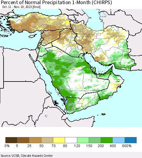 Middle East and Turkey Percent of Normal Precipitation 1-Month (CHIRPS) Thematic Map For 10/11/2023 - 11/10/2023