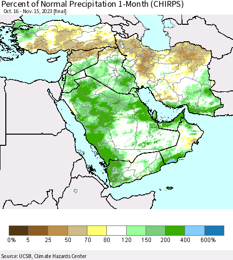 Middle East and Turkey Percent of Normal Precipitation 1-Month (CHIRPS) Thematic Map For 10/16/2023 - 11/15/2023
