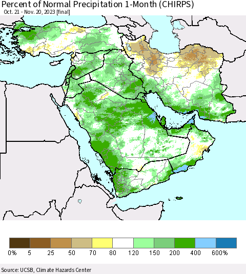 Middle East and Turkey Percent of Normal Precipitation 1-Month (CHIRPS) Thematic Map For 10/21/2023 - 11/20/2023