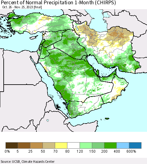 Middle East and Turkey Percent of Normal Precipitation 1-Month (CHIRPS) Thematic Map For 10/26/2023 - 11/25/2023