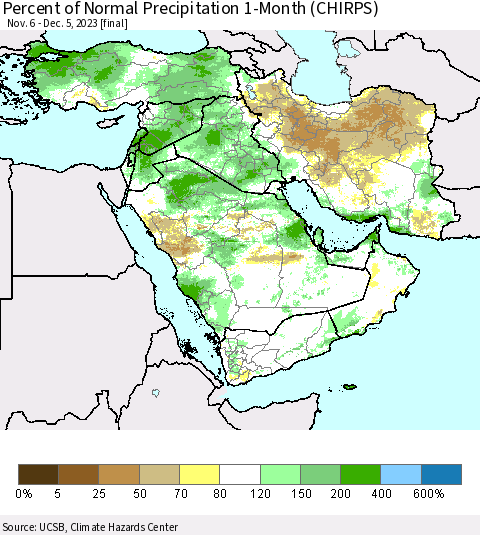 Middle East and Turkey Percent of Normal Precipitation 1-Month (CHIRPS) Thematic Map For 11/6/2023 - 12/5/2023