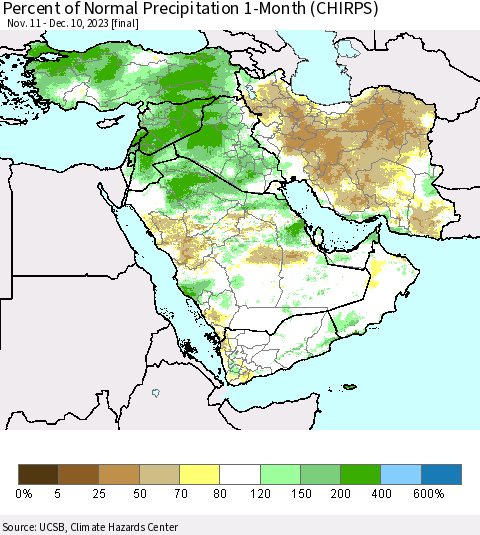 Middle East and Turkey Percent of Normal Precipitation 1-Month (CHIRPS) Thematic Map For 11/11/2023 - 12/10/2023