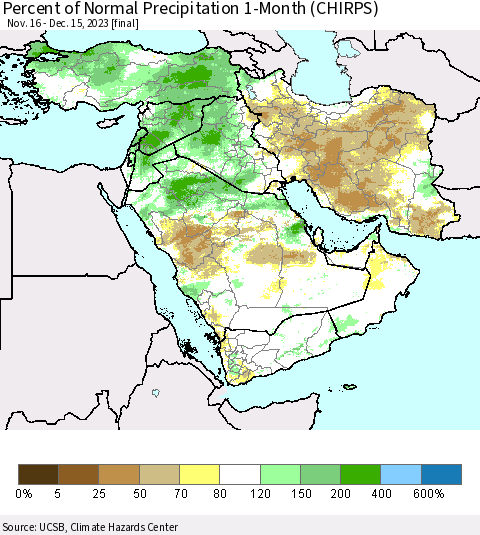 Middle East and Turkey Percent of Normal Precipitation 1-Month (CHIRPS) Thematic Map For 11/16/2023 - 12/15/2023
