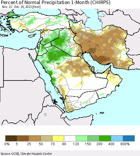 Middle East and Turkey Percent of Normal Precipitation 1-Month (CHIRPS) Thematic Map For 11/21/2023 - 12/20/2023