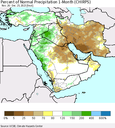 Middle East and Turkey Percent of Normal Precipitation 1-Month (CHIRPS) Thematic Map For 11/26/2023 - 12/25/2023