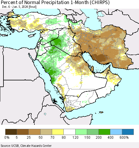 Middle East and Turkey Percent of Normal Precipitation 1-Month (CHIRPS) Thematic Map For 12/6/2023 - 1/5/2024