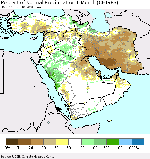 Middle East and Turkey Percent of Normal Precipitation 1-Month (CHIRPS) Thematic Map For 12/11/2023 - 1/10/2024