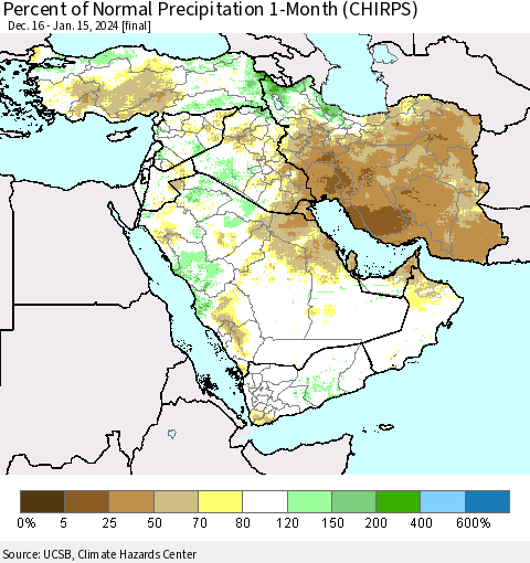 Middle East and Turkey Percent of Normal Precipitation 1-Month (CHIRPS) Thematic Map For 12/16/2023 - 1/15/2024