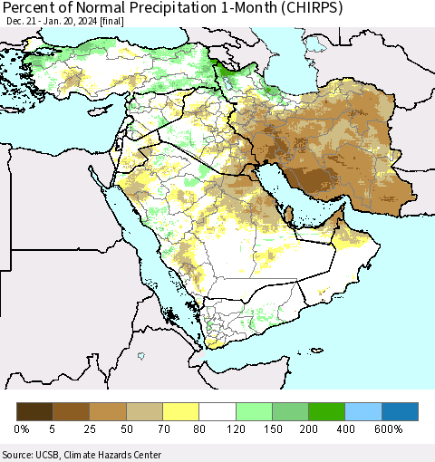 Middle East and Turkey Percent of Normal Precipitation 1-Month (CHIRPS) Thematic Map For 12/21/2023 - 1/20/2024