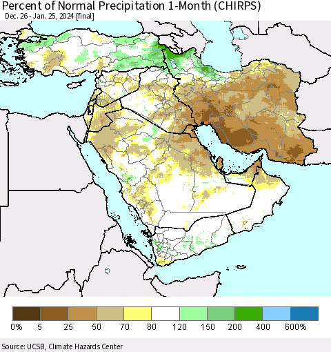 Middle East and Turkey Percent of Normal Precipitation 1-Month (CHIRPS) Thematic Map For 12/26/2023 - 1/25/2024
