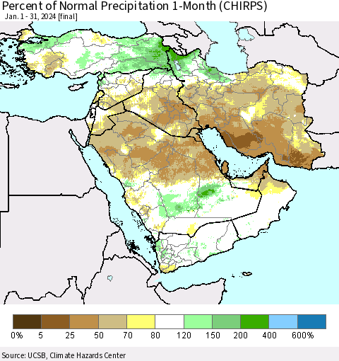 Middle East and Turkey Percent of Normal Precipitation 1-Month (CHIRPS) Thematic Map For 1/1/2024 - 1/31/2024