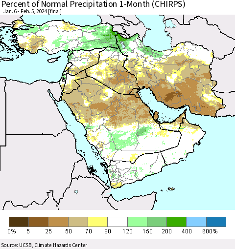 Middle East and Turkey Percent of Normal Precipitation 1-Month (CHIRPS) Thematic Map For 1/6/2024 - 2/5/2024