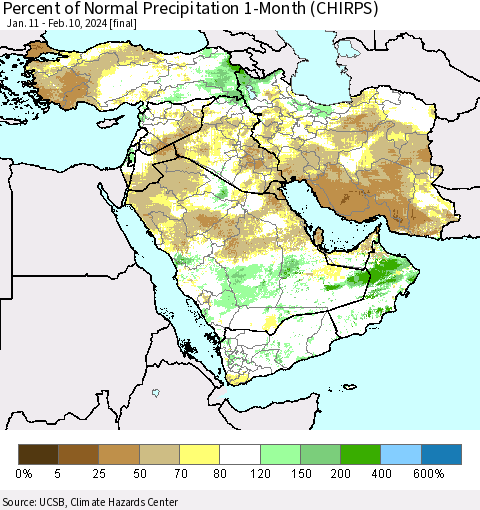 Middle East and Turkey Percent of Normal Precipitation 1-Month (CHIRPS) Thematic Map For 1/11/2024 - 2/10/2024