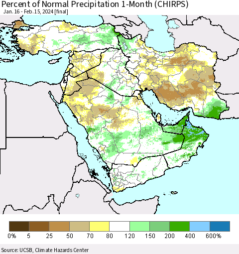 Middle East and Turkey Percent of Normal Precipitation 1-Month (CHIRPS) Thematic Map For 1/16/2024 - 2/15/2024