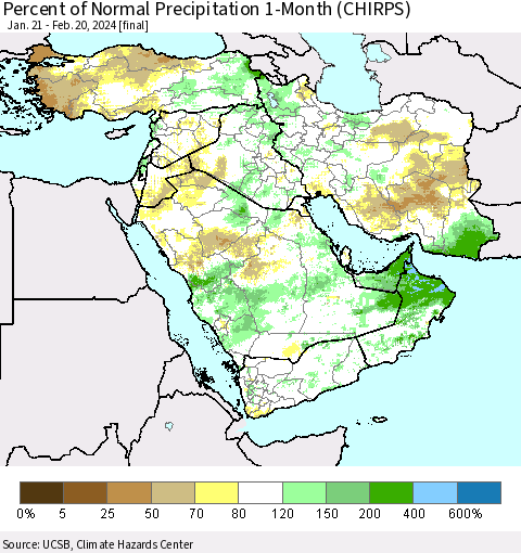 Middle East and Turkey Percent of Normal Precipitation 1-Month (CHIRPS) Thematic Map For 1/21/2024 - 2/20/2024