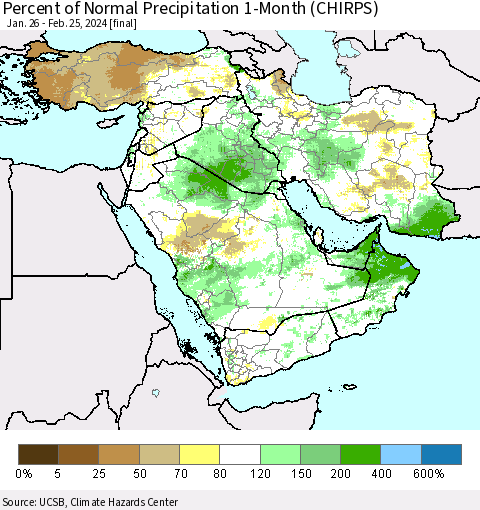 Middle East and Turkey Percent of Normal Precipitation 1-Month (CHIRPS) Thematic Map For 1/26/2024 - 2/25/2024