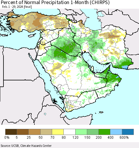 Middle East and Turkey Percent of Normal Precipitation 1-Month (CHIRPS) Thematic Map For 2/1/2024 - 2/29/2024