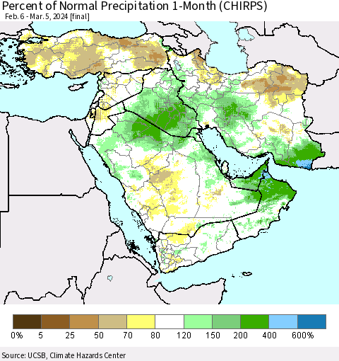 Middle East and Turkey Percent of Normal Precipitation 1-Month (CHIRPS) Thematic Map For 2/6/2024 - 3/5/2024