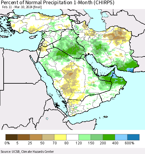 Middle East and Turkey Percent of Normal Precipitation 1-Month (CHIRPS) Thematic Map For 2/11/2024 - 3/10/2024