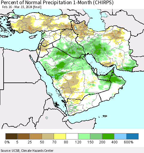 Middle East and Turkey Percent of Normal Precipitation 1-Month (CHIRPS) Thematic Map For 2/16/2024 - 3/15/2024