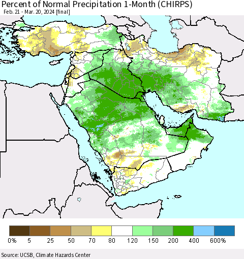 Middle East and Turkey Percent of Normal Precipitation 1-Month (CHIRPS) Thematic Map For 2/21/2024 - 3/20/2024