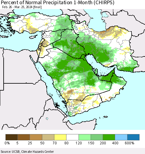 Middle East and Turkey Percent of Normal Precipitation 1-Month (CHIRPS) Thematic Map For 2/26/2024 - 3/25/2024