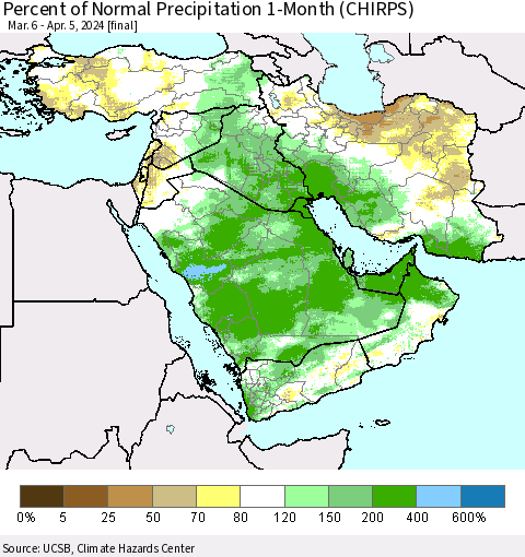 Middle East and Turkey Percent of Normal Precipitation 1-Month (CHIRPS) Thematic Map For 3/6/2024 - 4/5/2024