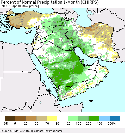 Middle East and Turkey Percent of Normal Precipitation 1-Month (CHIRPS) Thematic Map For 3/11/2024 - 4/10/2024