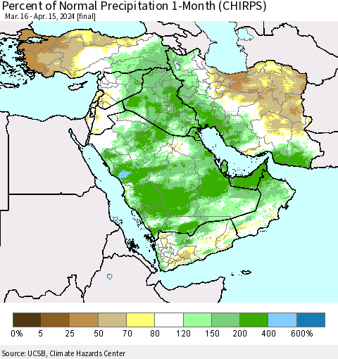Middle East and Turkey Percent of Normal Precipitation 1-Month (CHIRPS) Thematic Map For 3/16/2024 - 4/15/2024
