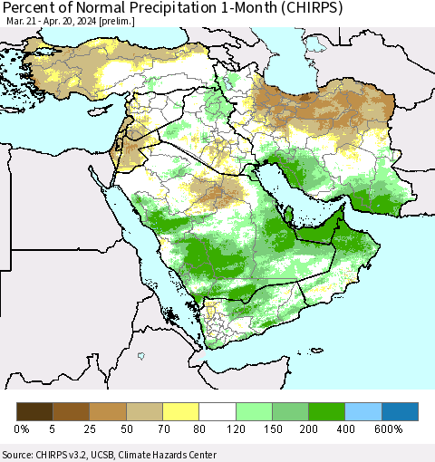Middle East and Turkey Percent of Normal Precipitation 1-Month (CHIRPS) Thematic Map For 3/21/2024 - 4/20/2024