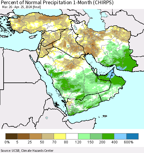 Middle East and Turkey Percent of Normal Precipitation 1-Month (CHIRPS) Thematic Map For 3/26/2024 - 4/25/2024