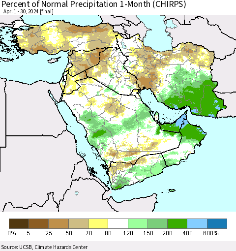 Middle East and Turkey Percent of Normal Precipitation 1-Month (CHIRPS) Thematic Map For 4/1/2024 - 4/30/2024