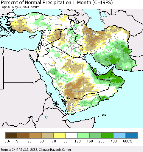 Middle East and Turkey Percent of Normal Precipitation 1-Month (CHIRPS) Thematic Map For 4/6/2024 - 5/5/2024