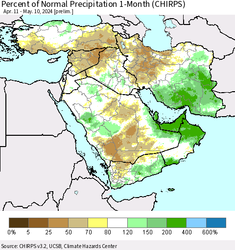 Middle East and Turkey Percent of Normal Precipitation 1-Month (CHIRPS) Thematic Map For 4/11/2024 - 5/10/2024