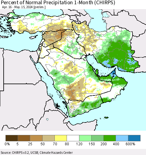 Middle East and Turkey Percent of Normal Precipitation 1-Month (CHIRPS) Thematic Map For 4/16/2024 - 5/15/2024
