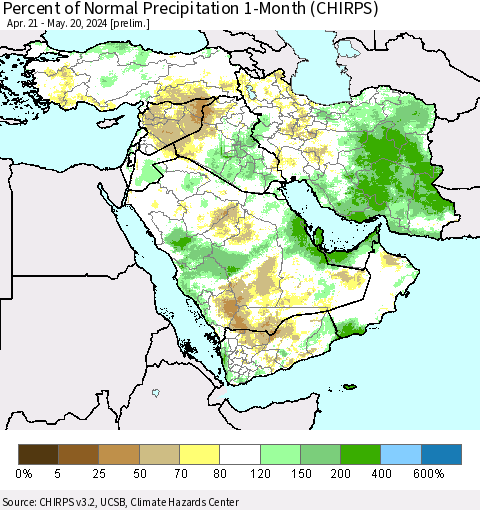 Middle East and Turkey Percent of Normal Precipitation 1-Month (CHIRPS) Thematic Map For 4/21/2024 - 5/20/2024