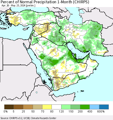 Middle East and Turkey Percent of Normal Precipitation 1-Month (CHIRPS) Thematic Map For 4/26/2024 - 5/25/2024
