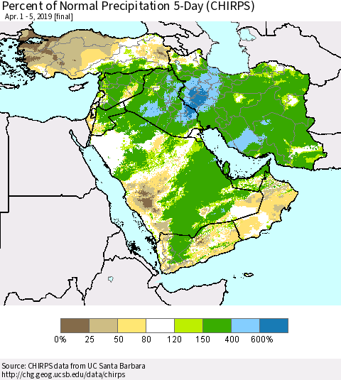 Middle East and Turkey Percent of Normal Precipitation 5-Day (CHIRPS) Thematic Map For 4/1/2019 - 4/5/2019