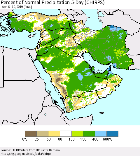 Middle East and Turkey Percent of Normal Precipitation 5-Day (CHIRPS) Thematic Map For 4/6/2019 - 4/10/2019