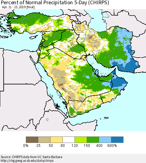 Middle East and Turkey Percent of Normal Precipitation 5-Day (CHIRPS) Thematic Map For 4/11/2019 - 4/15/2019