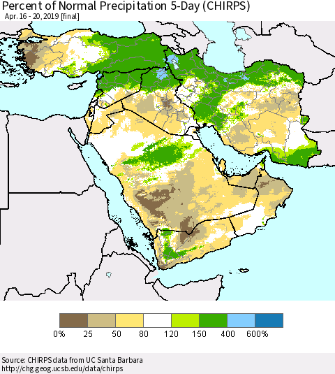 Middle East and Turkey Percent of Normal Precipitation 5-Day (CHIRPS) Thematic Map For 4/16/2019 - 4/20/2019