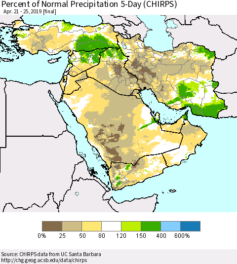 Middle East and Turkey Percent of Normal Precipitation 5-Day (CHIRPS) Thematic Map For 4/21/2019 - 4/25/2019