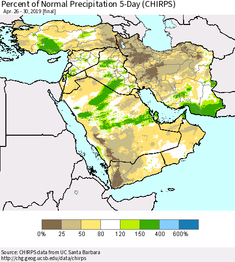 Middle East and Turkey Percent of Normal Precipitation 5-Day (CHIRPS) Thematic Map For 4/26/2019 - 4/30/2019