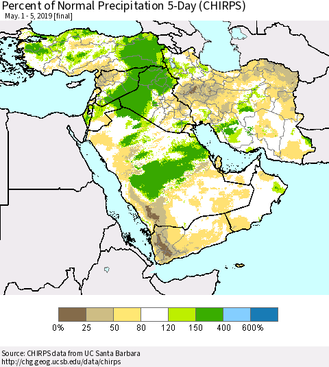 Middle East and Turkey Percent of Normal Precipitation 5-Day (CHIRPS) Thematic Map For 5/1/2019 - 5/5/2019