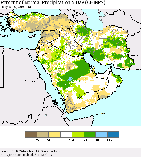 Middle East and Turkey Percent of Normal Precipitation 5-Day (CHIRPS) Thematic Map For 5/6/2019 - 5/10/2019