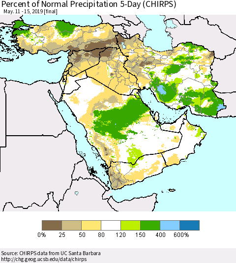 Middle East and Turkey Percent of Normal Precipitation 5-Day (CHIRPS) Thematic Map For 5/11/2019 - 5/15/2019