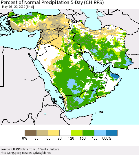 Middle East and Turkey Percent of Normal Precipitation 5-Day (CHIRPS) Thematic Map For 5/16/2019 - 5/20/2019