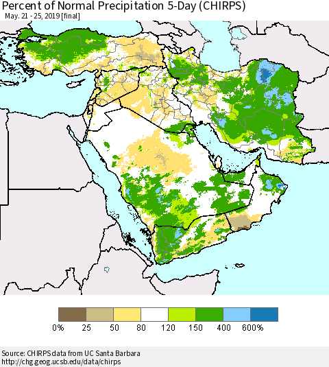 Middle East and Turkey Percent of Normal Precipitation 5-Day (CHIRPS) Thematic Map For 5/21/2019 - 5/25/2019