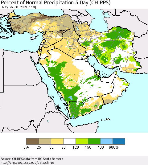 Middle East and Turkey Percent of Normal Precipitation 5-Day (CHIRPS) Thematic Map For 5/26/2019 - 5/31/2019