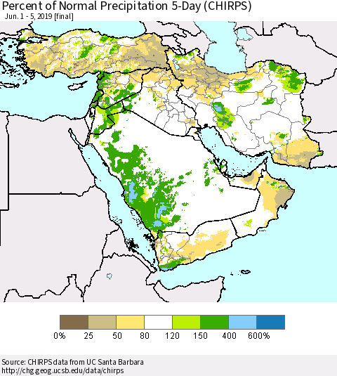 Middle East and Turkey Percent of Normal Precipitation 5-Day (CHIRPS) Thematic Map For 6/1/2019 - 6/5/2019